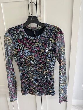 BCBGMaxAzria Black Floral Ruched Long-Sleeve Mesh Top